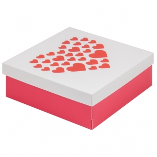 Упаковка для зефира с крышкой с сердечками - "Бело-красная, мат. 20х20х7 см." (Упаковка 1 шт.) фото 12778