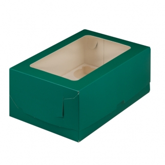 Упаковка для капкейков с прямоугольным окном - "Зелёная, 6 ячеек, 23,5х16х10 см." (Упаковка 1 шт.) фото 12599