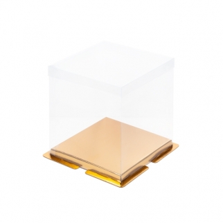 Упаковка для торта с пьедесталом и прозрачной крышкой - "Золото, 26х26х28 см." (Упаковка 1 шт.) фото 11026