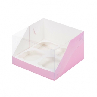 Упаковка для капкейков с прозрачной крышкой  - "Розовая мат,  4 ячейки 16х16х10 см" (Упаковка 1 шт.) фото 11667