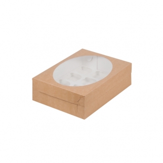 Упаковка для капкейков с круглым окном - "Крафт, 12 ячеек, 32х23,5х10 см." (Упаковка 1 шт.) фото 5826