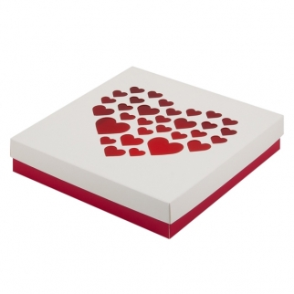 Упаковка для клубники в шоколаде с окошком с сердцами - "Бело-красная, 20х20х4 см." (Упаковка 1 шт.) фото 12609