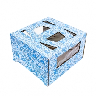 Упаковка для торта с окном и ручкой - "С синим орнаментом, 30х30х19 см." (SP GOF*) (Упаковка 1 шт.) фото 9772