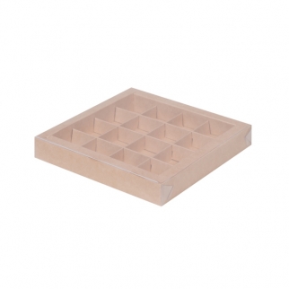 Упаковка для конфет с прозрачной крышкой - "Крафт, 16 ячеек, 20х20х3 см." (Упаковка 1 шт.) фото 10229