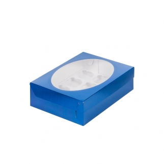 Упаковка для капкейков с круглым окном - "Синяя, 12 ячеек, 32х23,5х10 см." (Упаковка 1 шт.) фото 5539