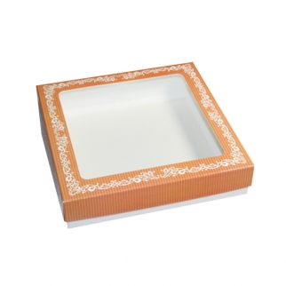 Упаковка для конфет с окном МК - "Оранжевая с узором, 9 ячеек, 17х17х3,5 см." (Упаковка 1 шт.) фото 13275