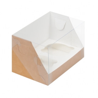 Упаковка для капкейков с прозрачной крышкой - "Крафт, 2 ячейки, 16х10х10 см." (Упаковка 1 шт.) фото 11715