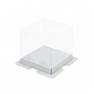 Упаковка для торта с пьедесталом - "Прозрачный верх, дно серебро, 15х15х14 см." (Упаковка 1 шт.) фото 9909